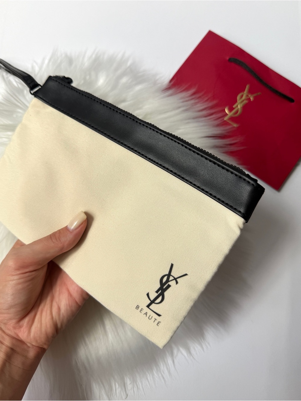 YSL Beauty Canvas Pouch in Cream and Black New